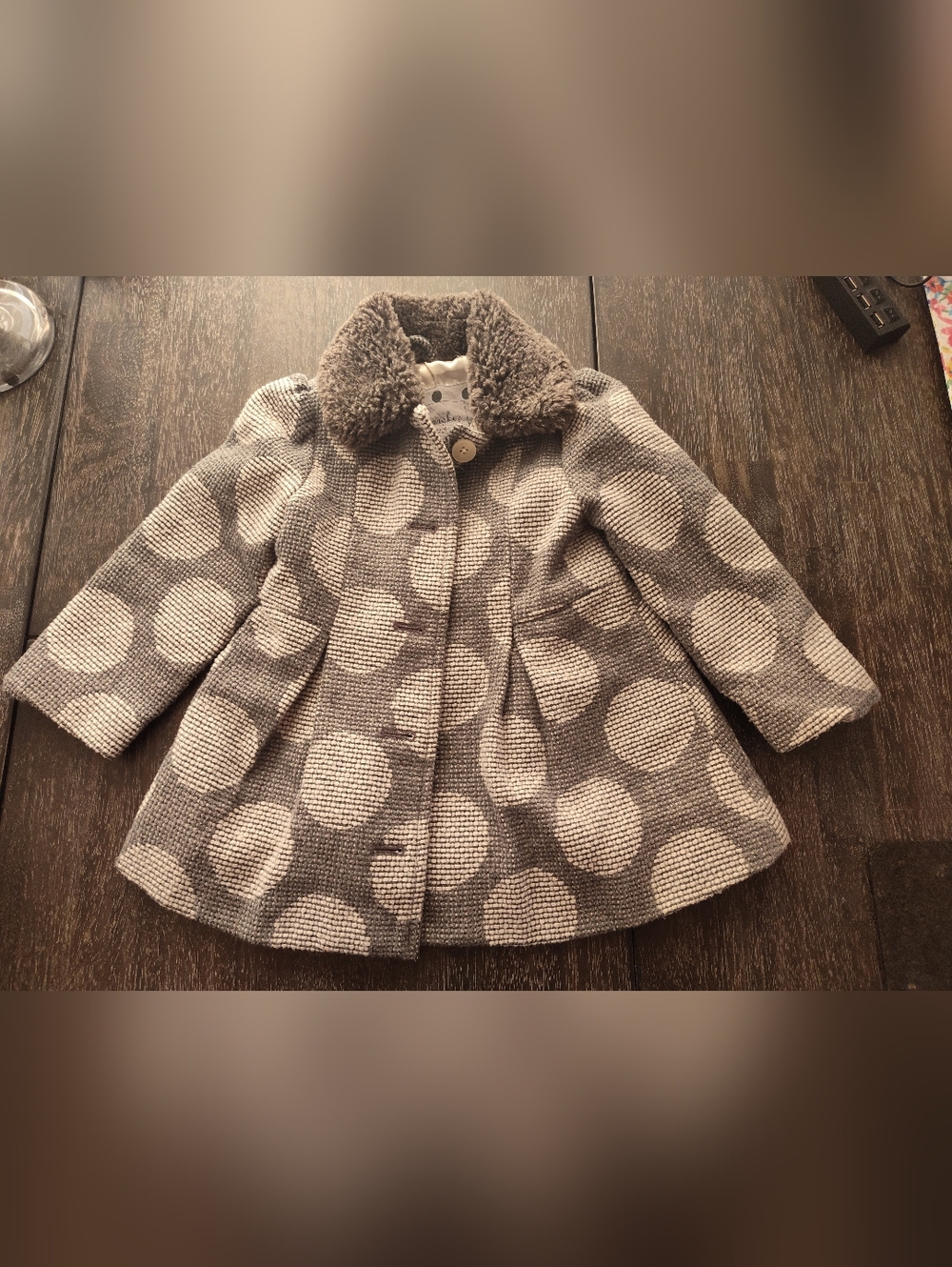 Cherokee Gray and Cream Polka Dot Pea Coat with Faux-Fur Collar 2T